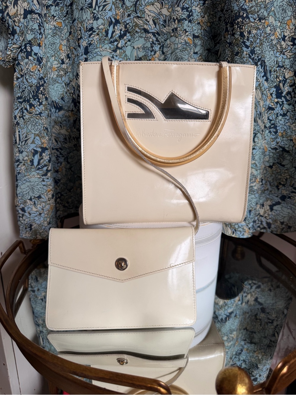 Salvatore Ferragamo Cream Patent Leather Tote with Matching Clutch